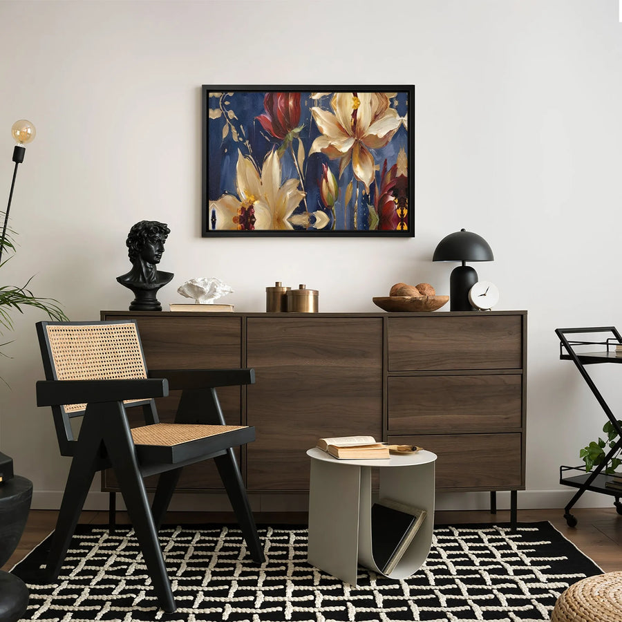 Abstract Floral Canvas Wall Art | Navy Blue and Cream Oil Painting Style | Premium Gallery Wrap | Modern Home Decor Gift