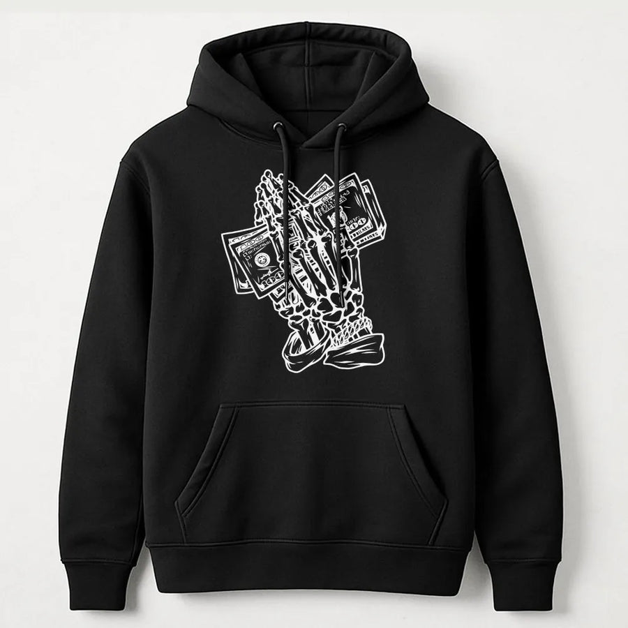 Skeleton Praying Hands Hoodie | Money Cash Graphic Streetwear | Premium Cotton Blend | Edgy Hip Hop Gift for Men and Women