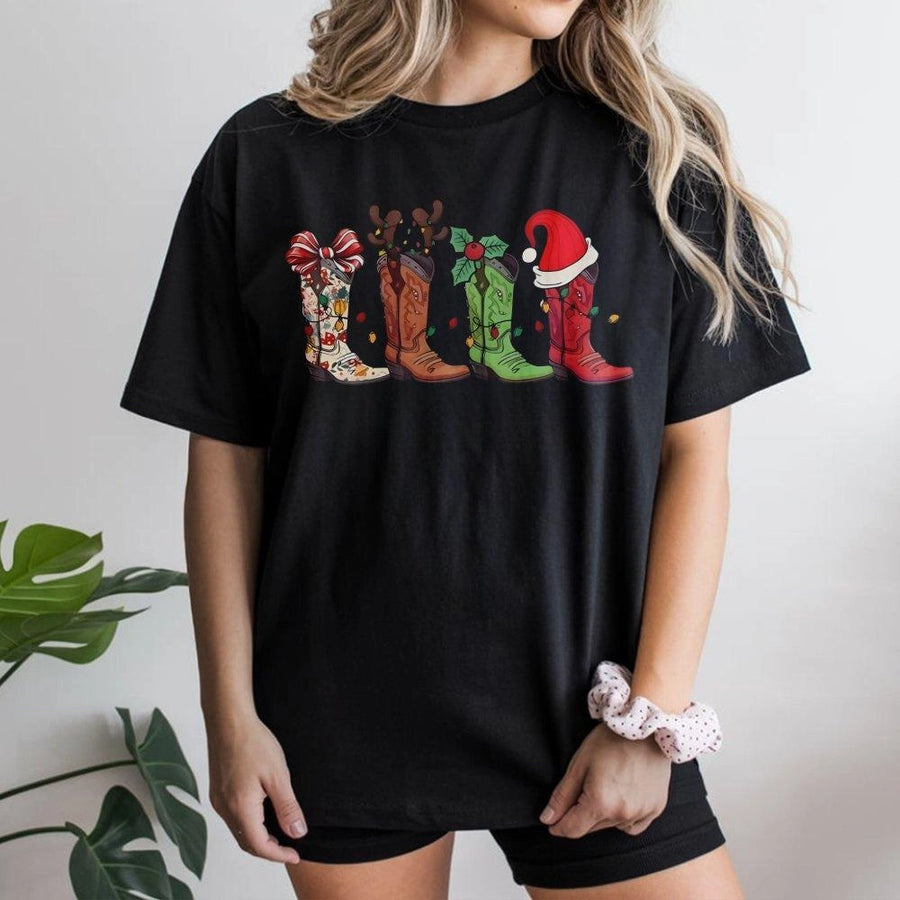 Western Cowboy Boot Christmas T-Shirt | Festive Cowgirl Holiday Graphic | 100% Cotton Premium Tee | Unique Country Christmas Gift for Women