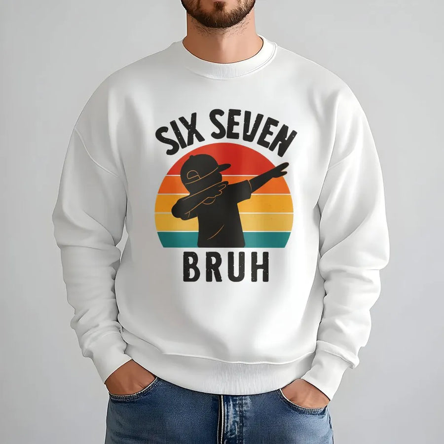 Six Seven Bruh Sweatshirt | Retro Dabbing Kid Graphic | Premium Cotton Blend Crewneck | Funny Youth Slang Gift for Boys and Teens