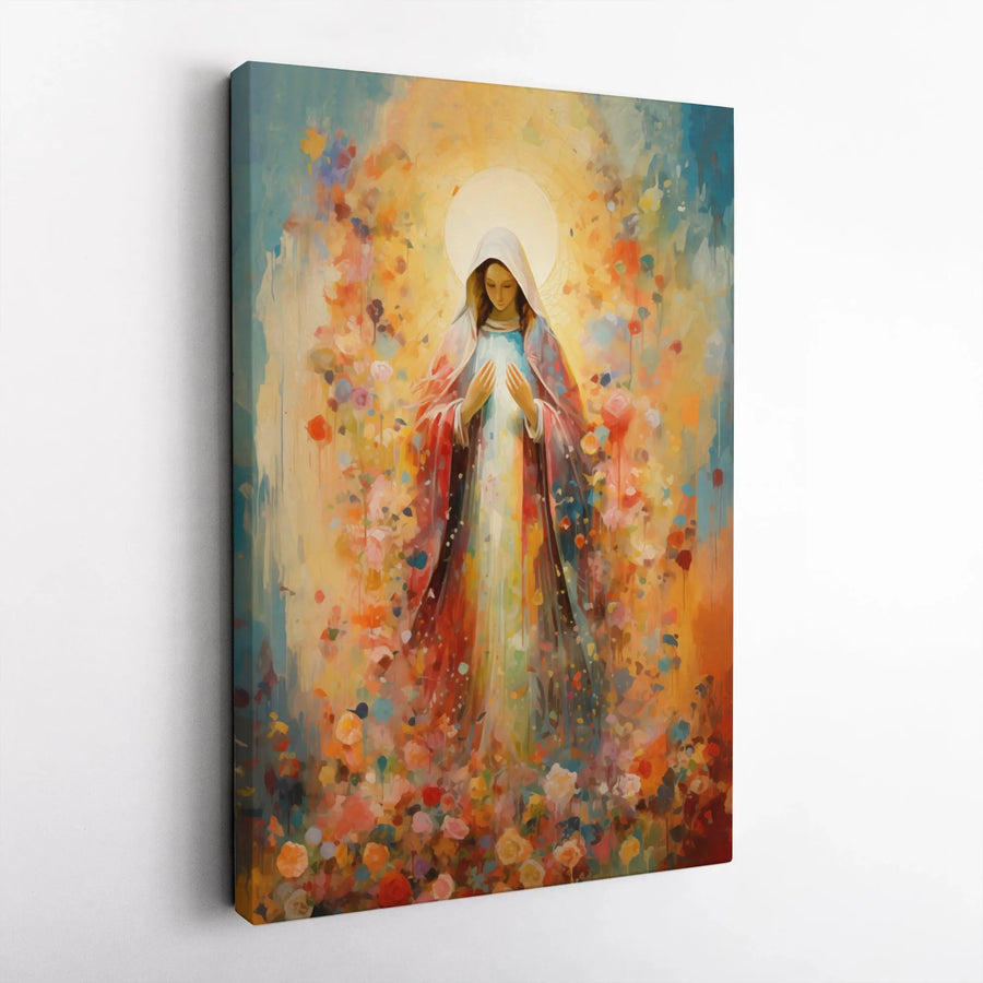 Virgin Mary Canvas Wall Art | Impressionist Floral Portrait | Premium Gallery Wrap Decor | Religious Home Gift for Faithful