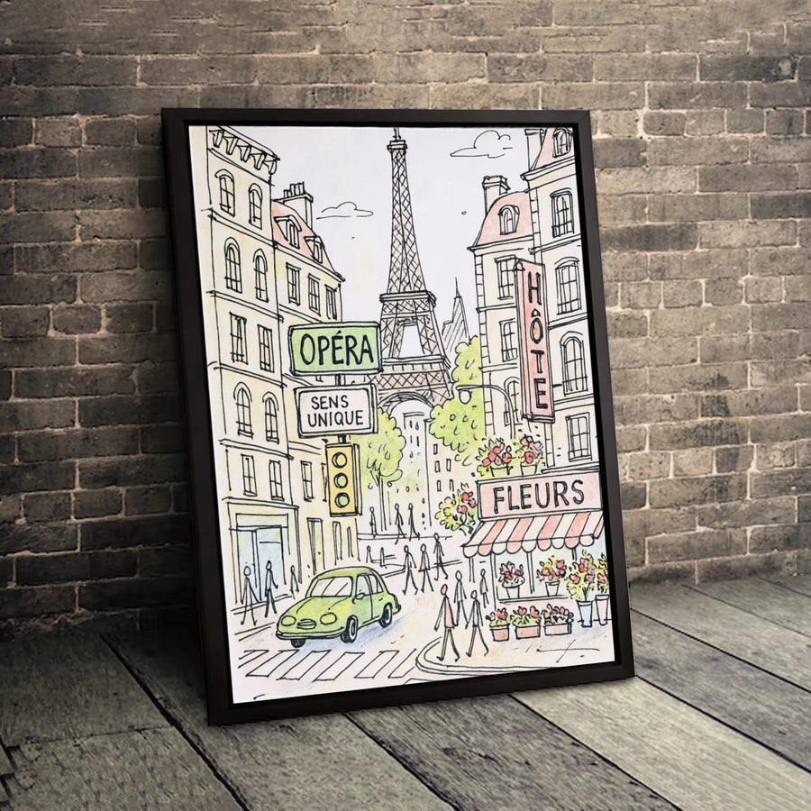 Paris Street Scene Canvas | Eiffel Tower Sketch Print | Premium Fade-Resistant Gallery Wrap | Romantic Travel Home Decor Gift
