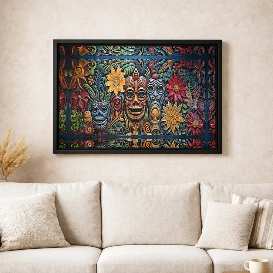 Tiki Mask Wall Art | Tropical Polynesian Wood Carving Style Canvas | Premium Fade-Resistant Decor | Exotic Island Home Decor Gift