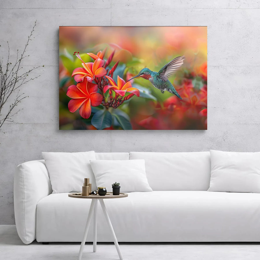 Hummingbird and Red Plumeria Canvas Wall Art | Vibrant Tropical Bird Photography | Premium 1.25" Gallery Wrap | Nature Lover Home Decor Gift