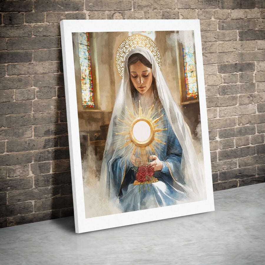 Virgin Mary Canvas Art | Blessed Mother Holding Monstrance With Roses | Premium 1.25" Gallery Wrap | Catholic Home Decor Gift