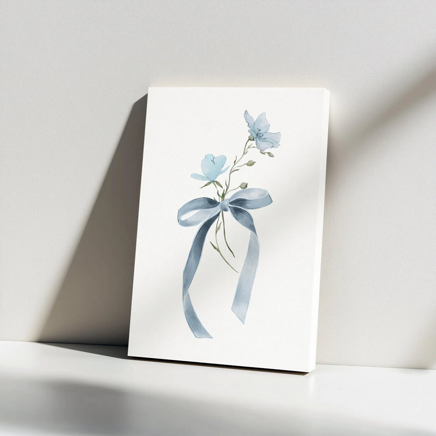 Minimalist Floral Canvas Art | Light Blue Wildflower with Ribbon | Premium Gallery Wrapped Canvas | Cottagecore Wall Decor Gift
