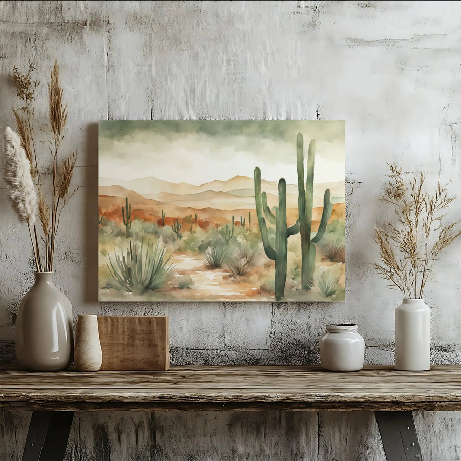 Watercolor Desert Landscape Canvas | Saguaro Cactus Mountains Wall Art | Premium Gallery-Wrapped Print | Southwestern Home Decor Gift