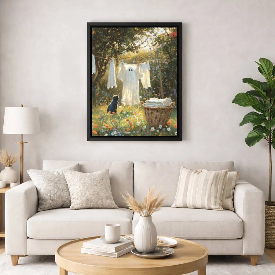 Ghost on Clothesline Wall Art | Whimsical Cottagecore Black Cat Print | Premium Gallery Wrap Canvas | Spooky Cute Home Decor Gift