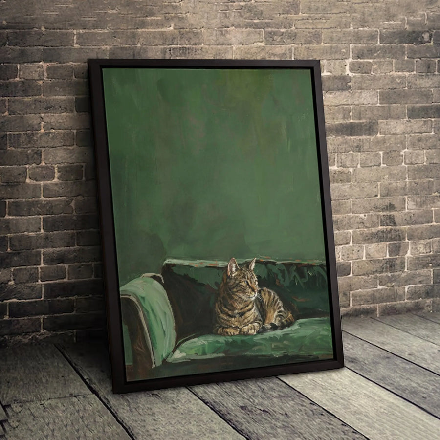 Tabby Cat Wall Art Canvas | Moody Green Couch Oil Painting Style | Premium Gallery Wrap Decor | Gift for Cat Lovers & Pet Owners