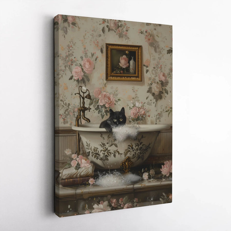 Black Cat Bubble Bath Canvas | Vintage Floral Bathroom Wall Art | Premium 1.25-Inch Gallery Wrap | Whimsical Animal Decor Gift for Cat Lovers