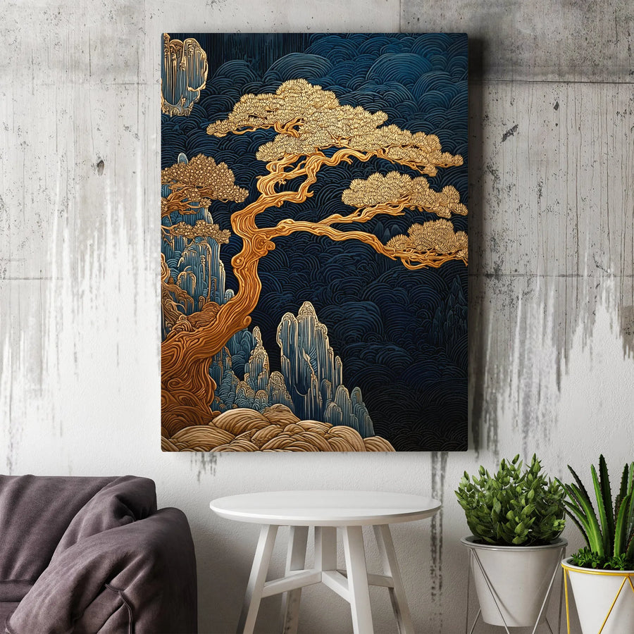 Japanese Pine Tree Canvas Wall Art | Golden Bonsai & Blue Waves Print | Premium Gallery Wrap Decor | Zen Office or Living Room Gift