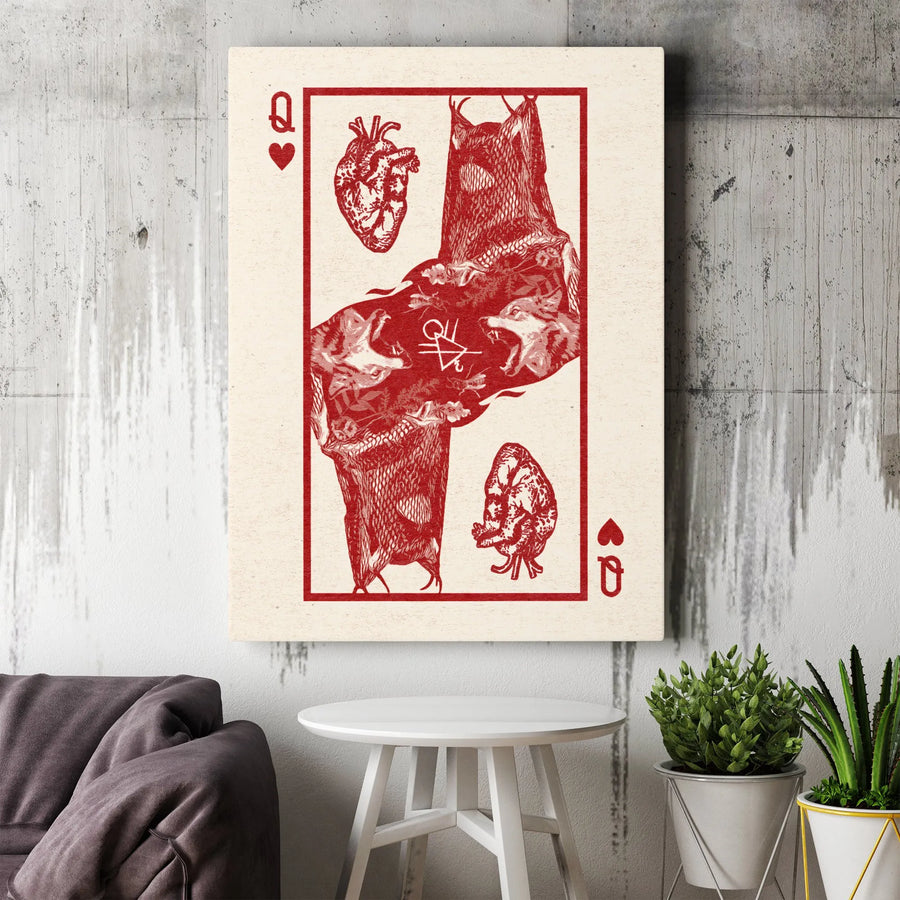 Queen of Hearts Playing Card Canvas | Gothic Wolf and Anatomical Heart Wall Art | Premium Gallery Wrapped Decor | Unique Dark Academia Gift