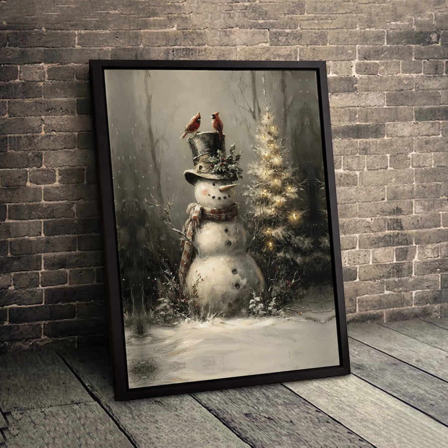 Vintage Snowman Canvas Wall Art | Cardinals on Top Hat Christmas Decor | Premium Gallery-Wrapped Print | Holiday Seasonal Gift for Home