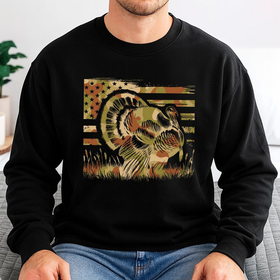 Wild Turkey Sweatshirt | American Flag Camo Hunting Design | Premium Cotton Blend Crewneck | Patriotic Outdoorsman Gift