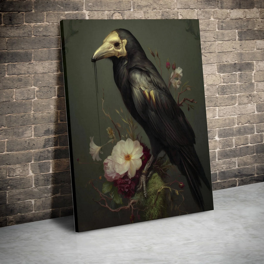 Gothic Raven Canvas Art | Surreal Skull Mask & Floral Wall Decor | Premium 1.25" Gallery Profile | Dark Academia Home Decor Gift