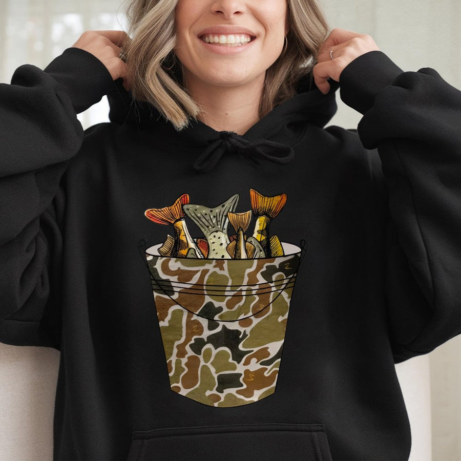 Fishing Hoodie | Camo Bucket Catch Graphic | Premium Cotton Blend Pullover | Outdoorsman Gift for Men and Women