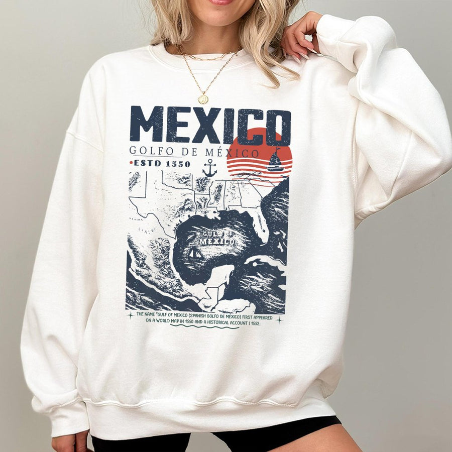 Mexico Map Sweatshirt | Vintage Gulf of Mexico Nautical Graphic | Cotton Blend Premium Crewneck | Travel Souvenir Gift for Him Her