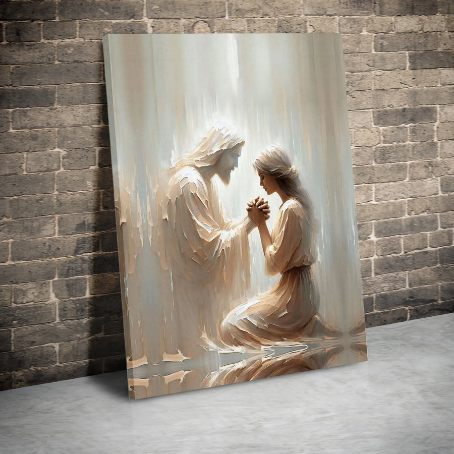 Jesus Praying With Woman Canvas Art | Minimalist Religious Wall Decor | Premium Fade-Resistant Print | Spiritual Home Gift for Believers