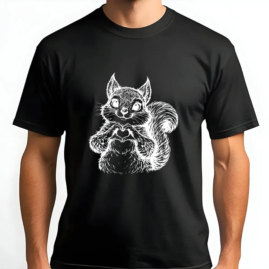 Cute Squirrel T-Shirt | Heart Hands Line Art Graphic | Premium Cotton Unisex Tee | Gift for Woodland Animal Lovers