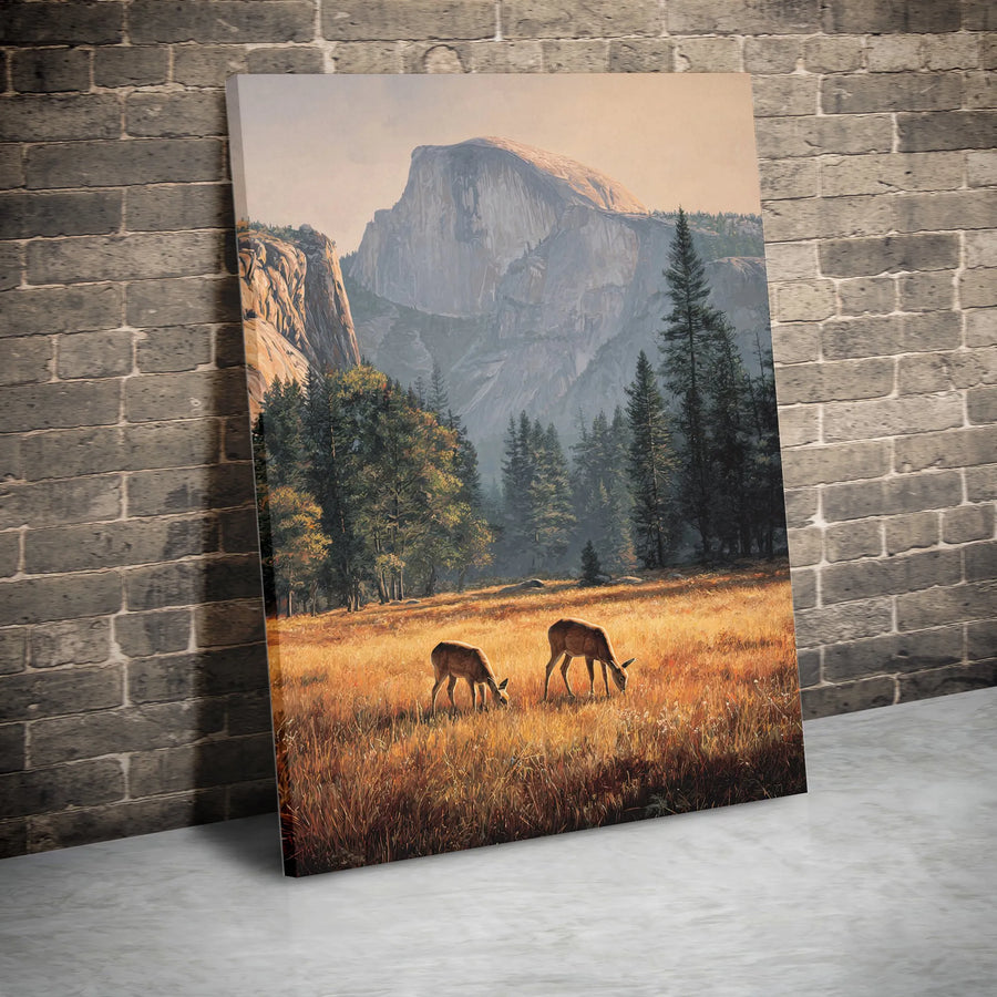 Yosemite National Park Canvas Wall Art | Half Dome with Grazing Deer | Premium Thick Gallery Wrap Print | Nature Lover Cabin Decor Gift