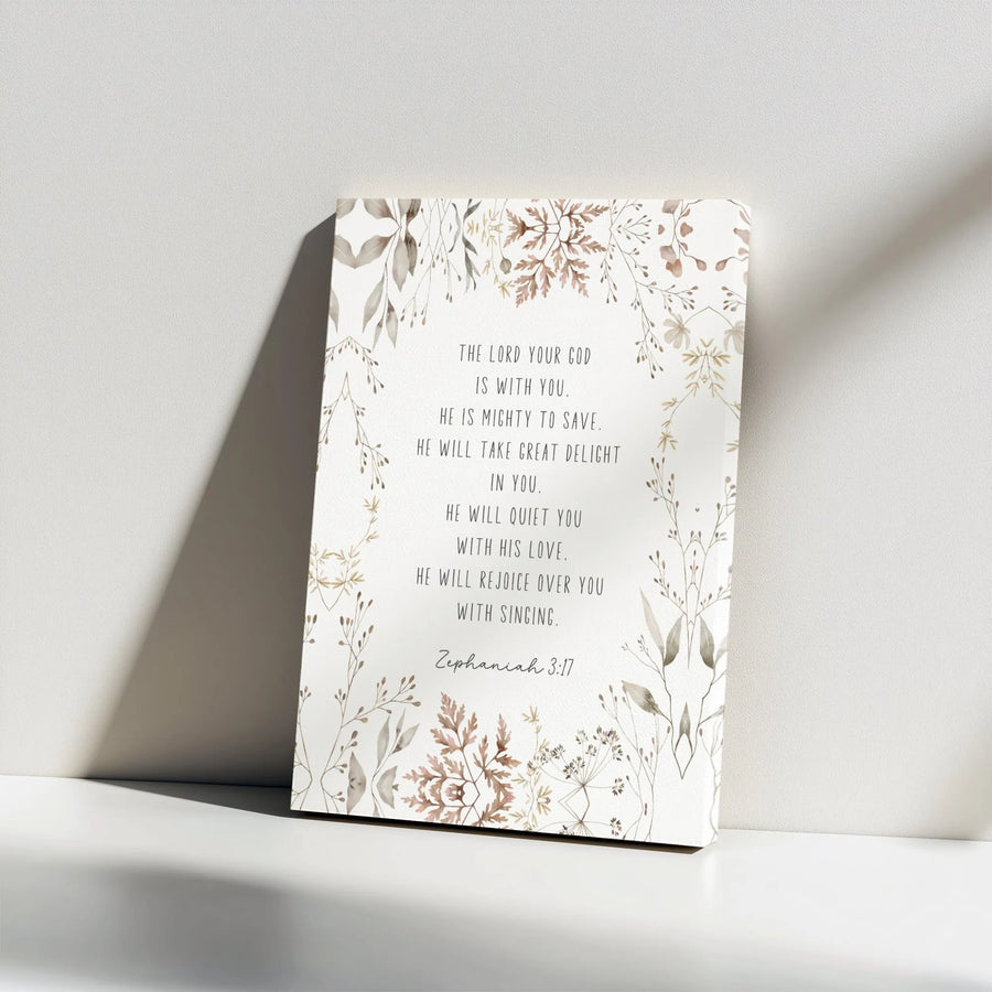 Zephaniah 3:17 Scripture Canvas Print | Watercolor Botanical Wall Art | Premium Gallery Wrap Decor | Christian Home Decor Gift
