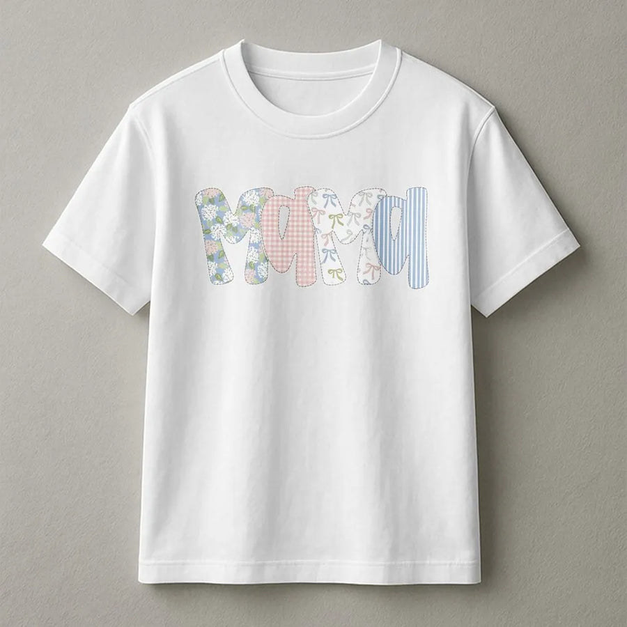 Floral Preppy Mama T-Shirt | Coquette Patchwork Graphic Tee | Soft Cotton Classic Fit | Gift for New Mom on Mother's Day