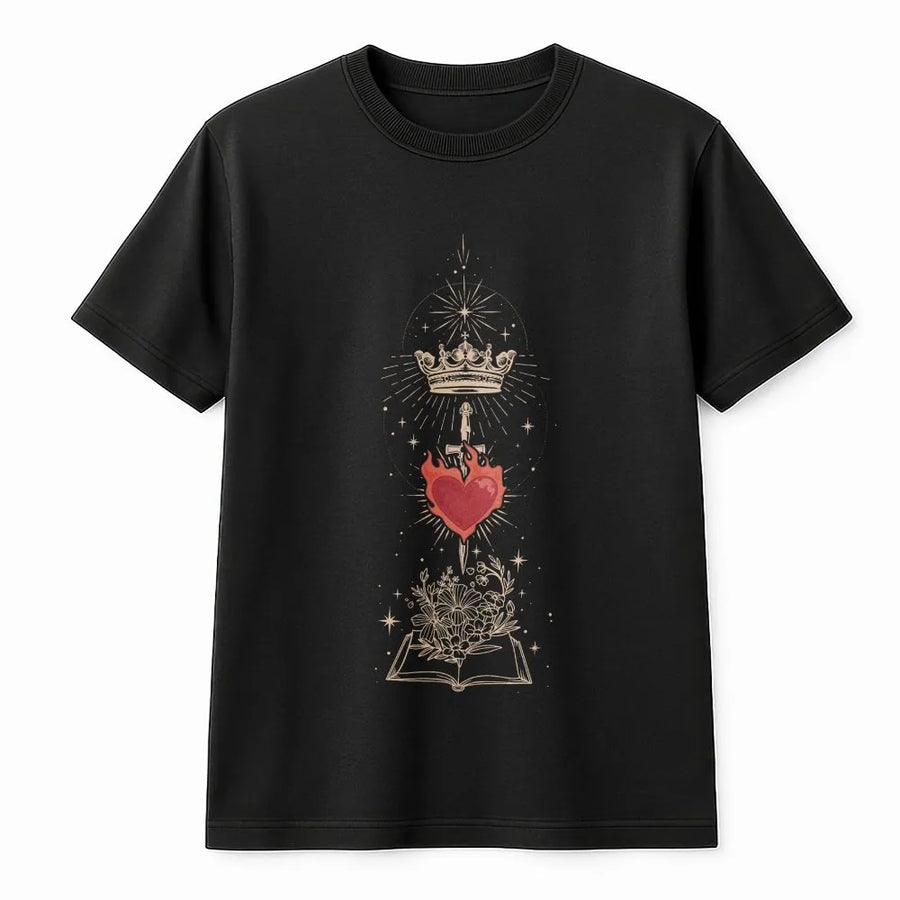 Fantasy Reader T-Shirt | Dark Academia Flaming Heart & Sword Graphic | Cozy Unisex Crewneck | Gift for Book Lovers