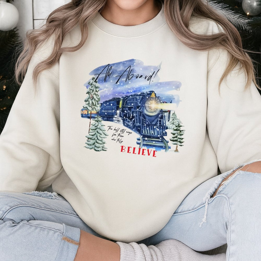 Christmas Train Sweatshirt | Believe Winter Locomotive Graphic | Soft Cotton Blend Crewneck | Holiday Movie Gift For Family