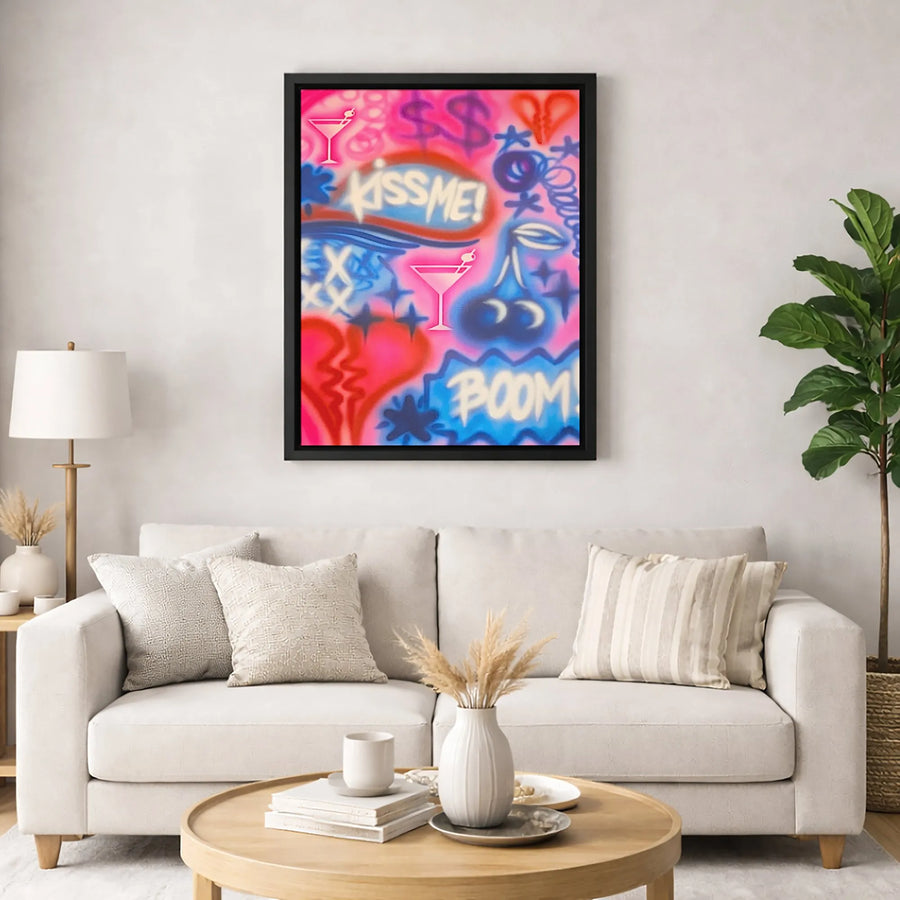 Graffiti Street Art Canvas | Kiss Me Boom Pop Art Print | Premium 1.25 Inch Gallery Wrap | Edgy Bedroom Decor Gift