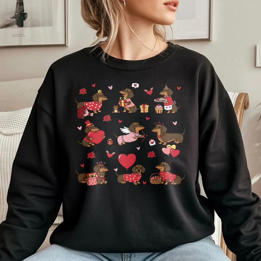 Dachshund Valentine Sweatshirt | Cute Wiener Dog Hearts & Roses Design | Premium Cotton Blend | Gift For Dog Lovers & Pet Owners