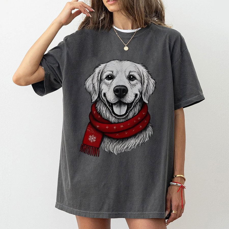 Golden Retriever Christmas T-Shirt | Festive Dog With Red Scarf Print | Premium 100% Cotton | Cozy Holiday Gift For Dog Lovers