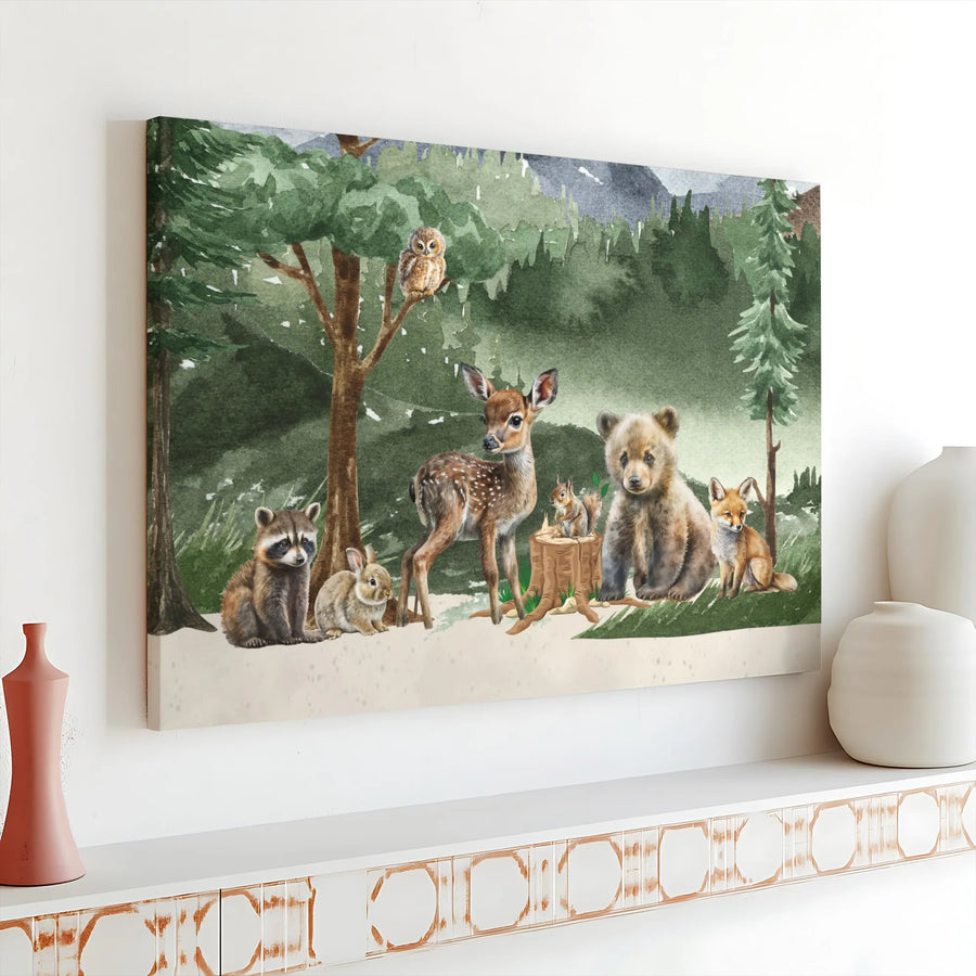Watercolor Woodland Nursery Canvas Art | Cute Forest Animal Bear Deer Fox Print | Premium 1.25" Gallery Wrap | Baby Boy Girl Room Decor Gift