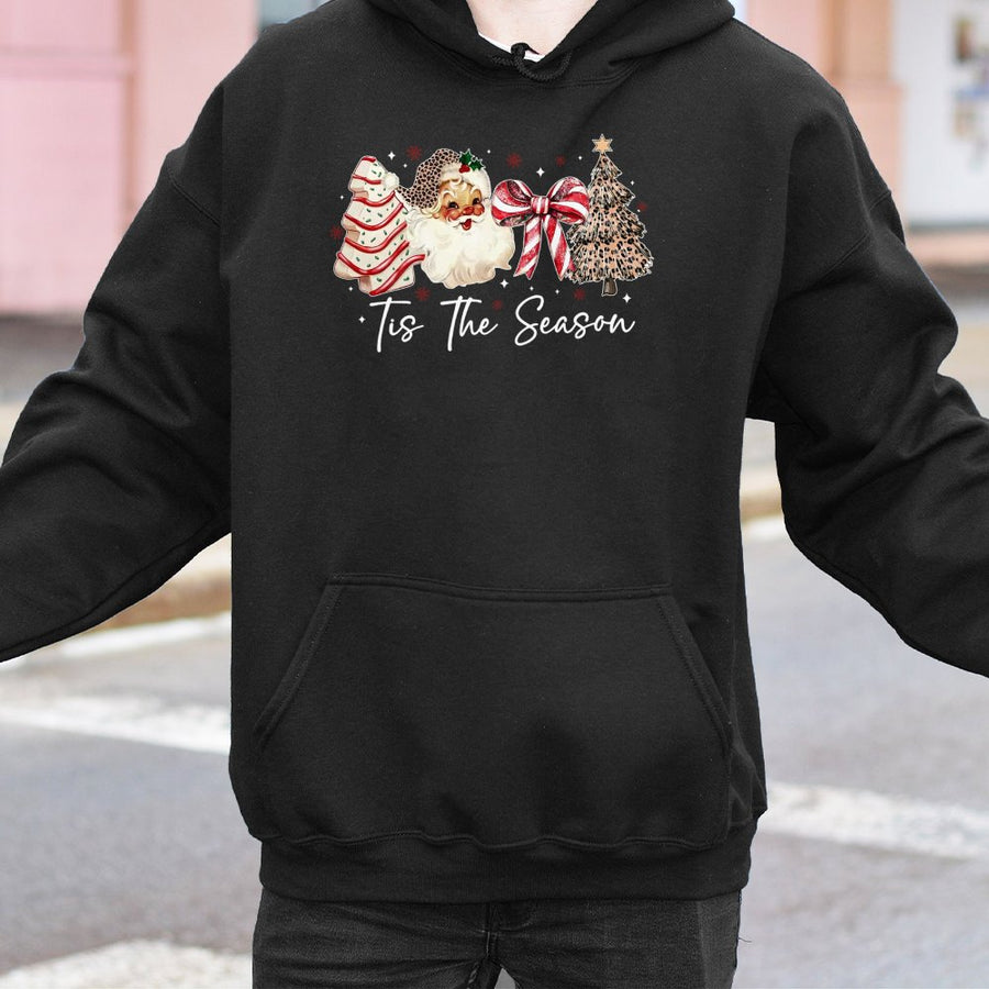 Tis The Season Christmas Hoodie | Leopard Print Santa & Tree Graphic | Premium Cotton Blend | Holiday Gift for Women & Men