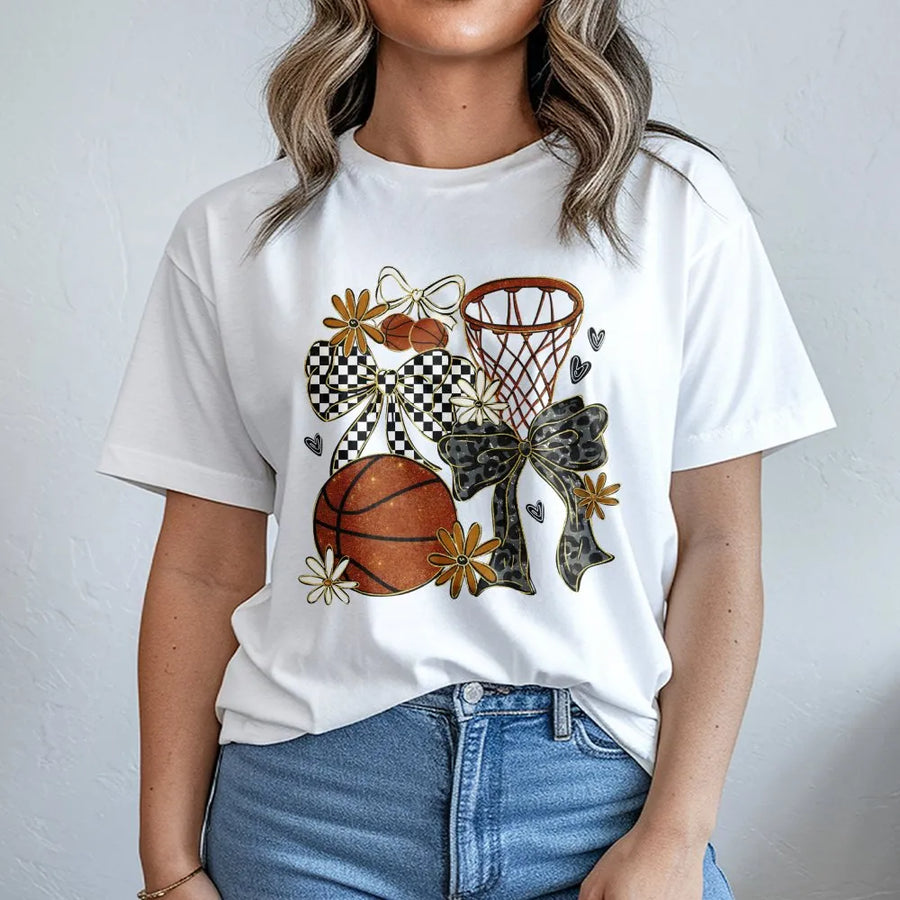 Coquette Basketball T-Shirt | Preppy Floral Bows and Hoops Design | Premium Cotton Comfort Tee | Trendy Game Day Apparel for Basketball Mom