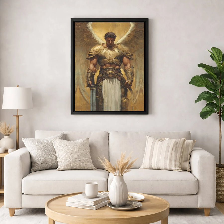 Archangel Michael Canvas Wall Art | Golden Armor Warrior Painting | Premium 1.25" Gallery Wrap | Religious Home Office Decor Gift