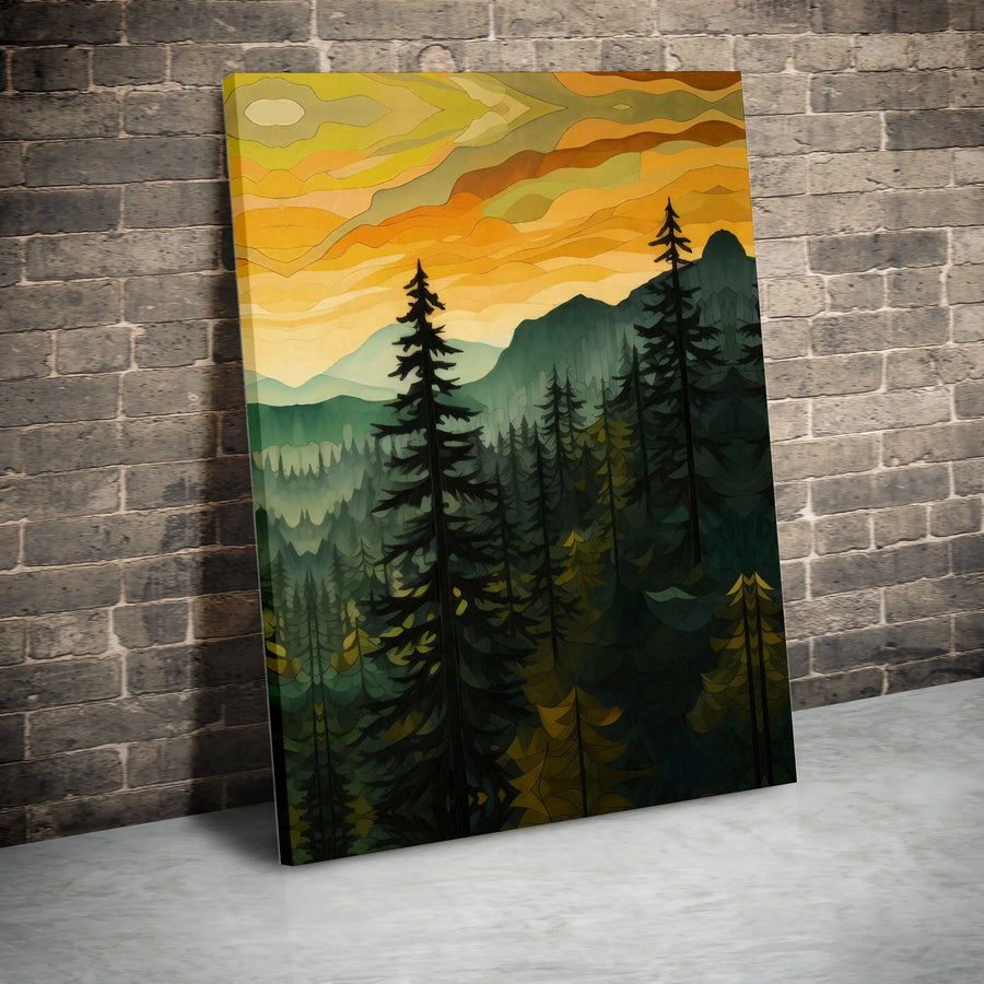 Forest Mountain Landscape Canvas Print | Modern Sunset Pine Tree Wall Art | Premium Gallery Wrapped Decor | Nature Lover Living Room Gift