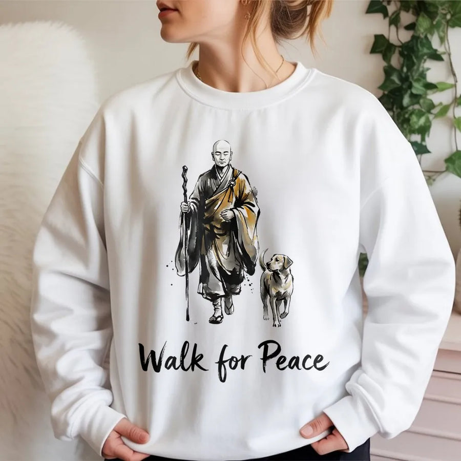 Walk For Peace Sweatshirt | Zen Monk and Dog Graphic Art | Premium Cotton Blend Unisex Crewneck | Spiritual Mindfulness Gift for Meditation Lovers