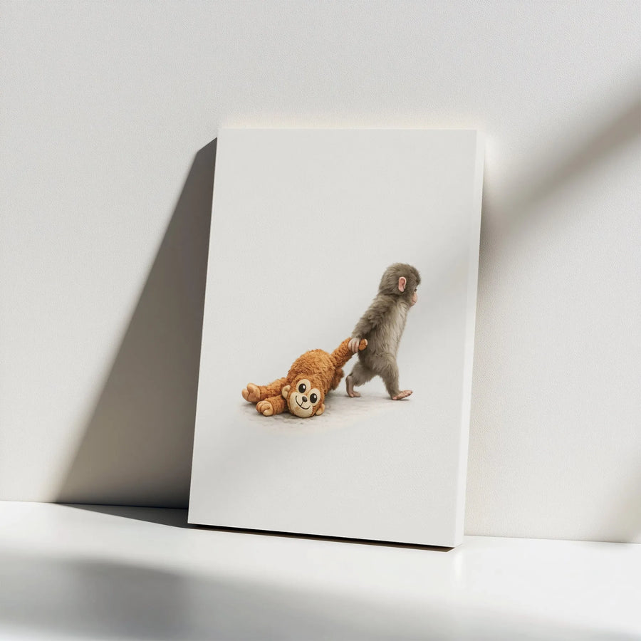 Baby Monkey Canvas Wall Art | Funny Animal Dragging Stuffed Toy | Premium Thick Gallery Wrap | Unique Nursery Decor Gift for Kids