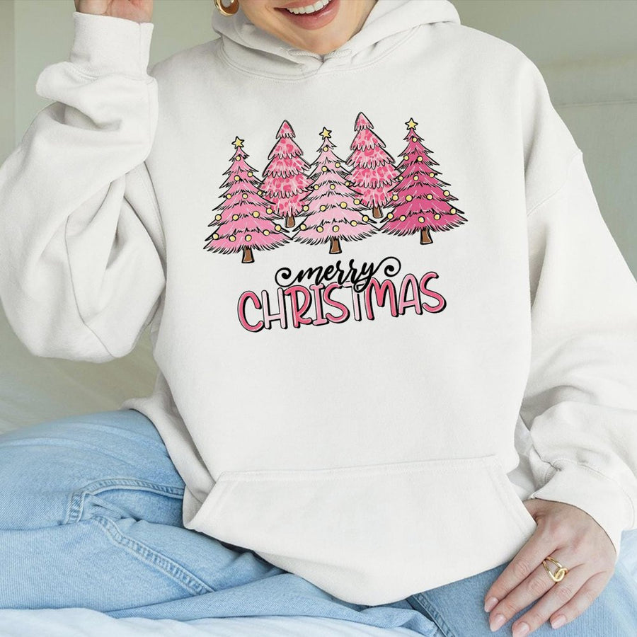 Merry Christmas Hoodie | Pink Leopard Print Trees Graphic | Premium Cotton Blend | Cute Holiday Gift for Women and Teens