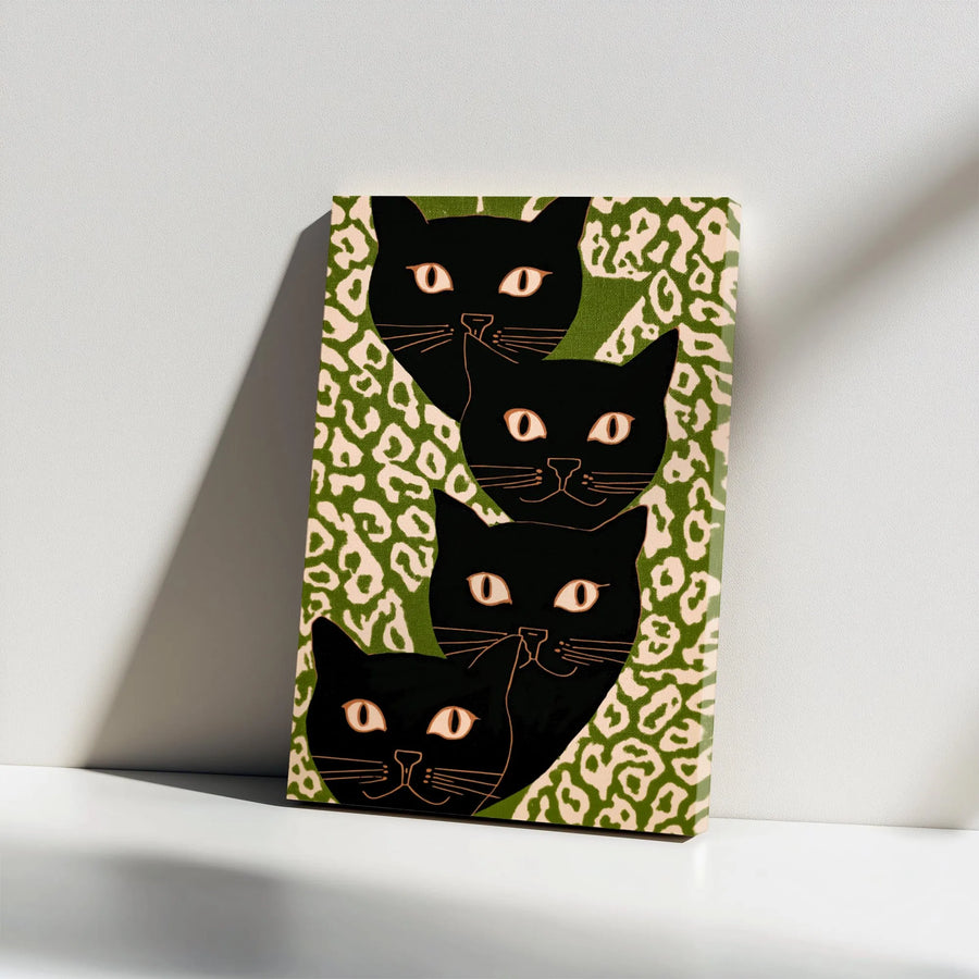 Black Cat Wall Art Canvas | Retro Pop Art Cats with Green Leopard Print | Premium Gallery Wrapped Canvas | Modern Home Decor Gift for Cat Lovers