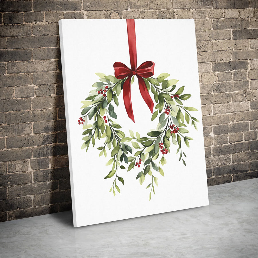 Watercolor Christmas Wreath Canvas Wall Art | Festive Red Bow and Holly Berries | Gallery Wrap Premium Print | Holiday Farmhouse Home Decor