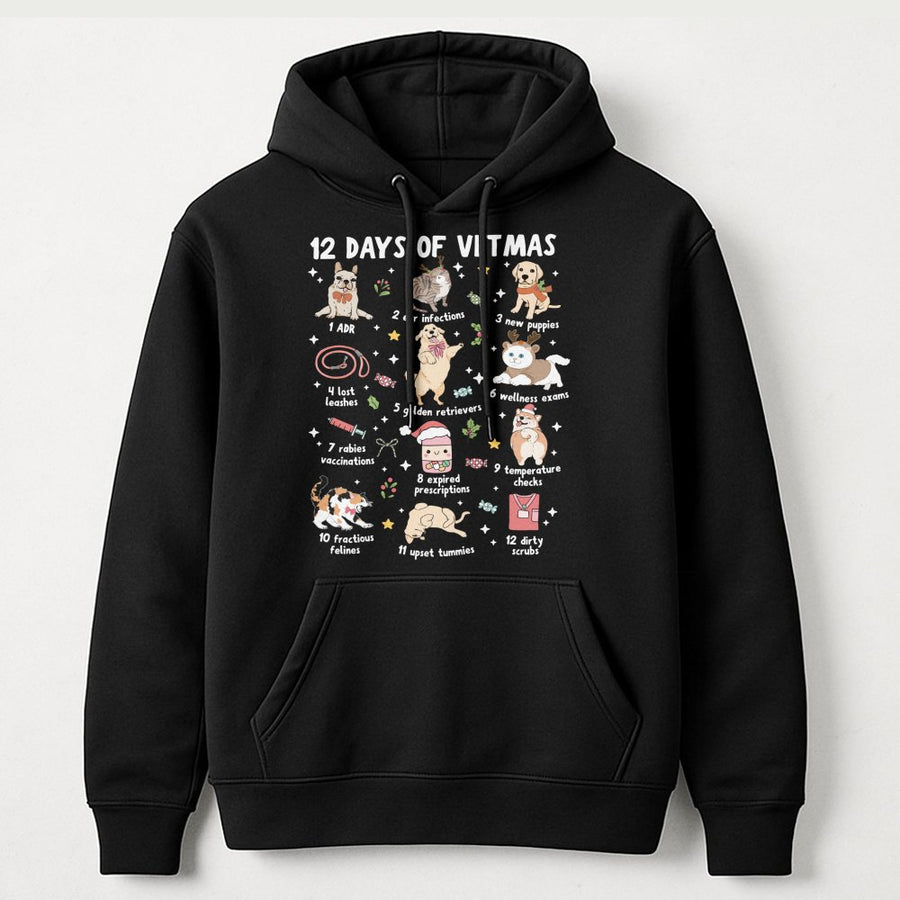12 Days Of Vetmas Hoodie | Funny Veterinary Technician Christmas Graphic | Premium Cotton Blend Sweatshirt | Gift For Veterinarian Vet Staff