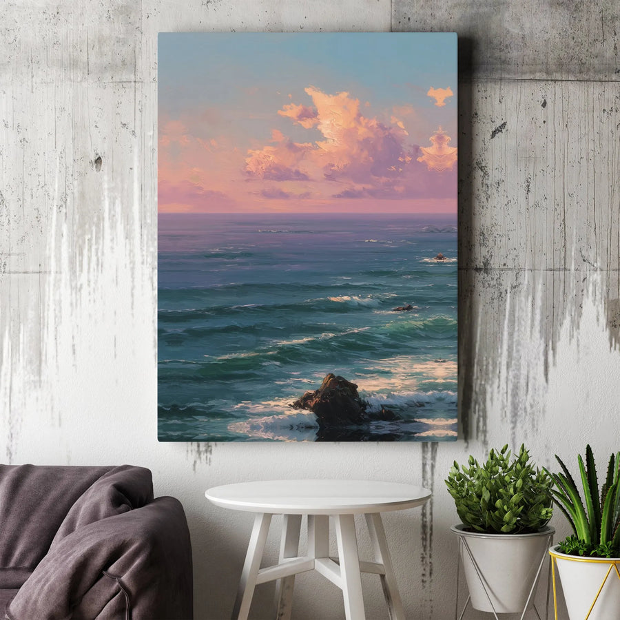 Coastal Seascape Canvas Wall Art | Pink Sunset Ocean Waves Print | Gallery-Wrapped Premium Decor | Calming Beach House Gift
