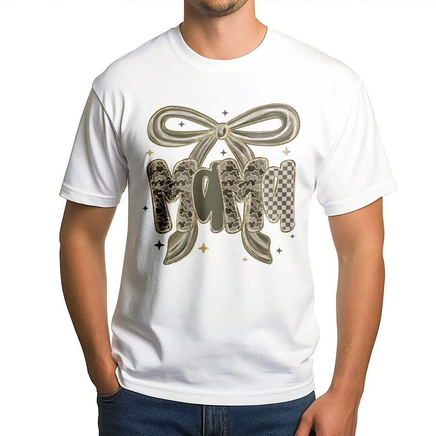 Mama Camo Bow T-Shirt | Western Checkered Coquette Aesthetic | Premium Soft Cotton | Stylish Gift for Hunting Mom and Country Girls