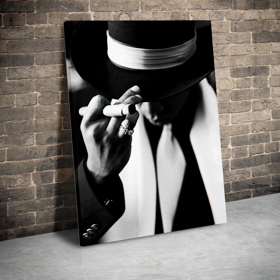 Man In Fedora With Cigar Wall Art | Classy Monochrome Portrait | Premium 1.25" Gallery Canvas | Sophisticated Home Office Decor