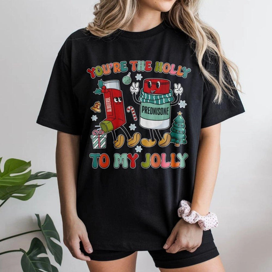 Respiratory Therapist Christmas T-Shirt | Holly Jolly Inhaler Medical Pun | Premium Cotton Retro Graphic Tee | Funny RT Gift for Nurse Doctor