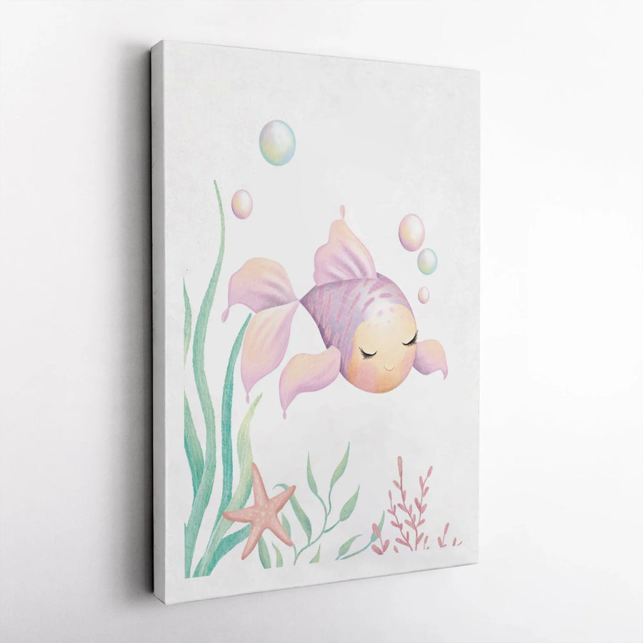 Cute Goldfish Canvas Wall Art | Watercolor Nursery Decor Print | 1.25 Inch Gallery Wrap | Ocean Themed Baby Room Gift