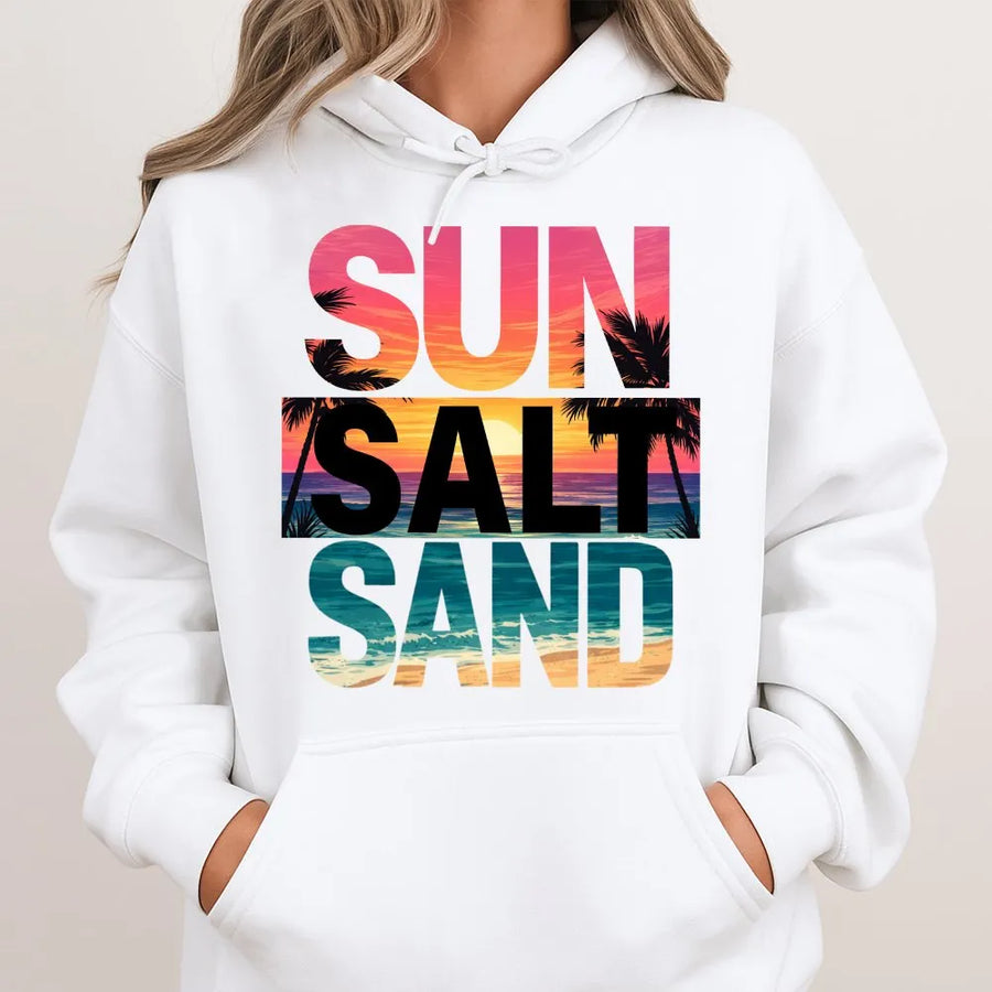 Sun Salt Sand Beach Hoodie | Retro Sunset Palm Tree Graphic | Cotton-Polyester Blend | Trendy Vacation Gift For Her