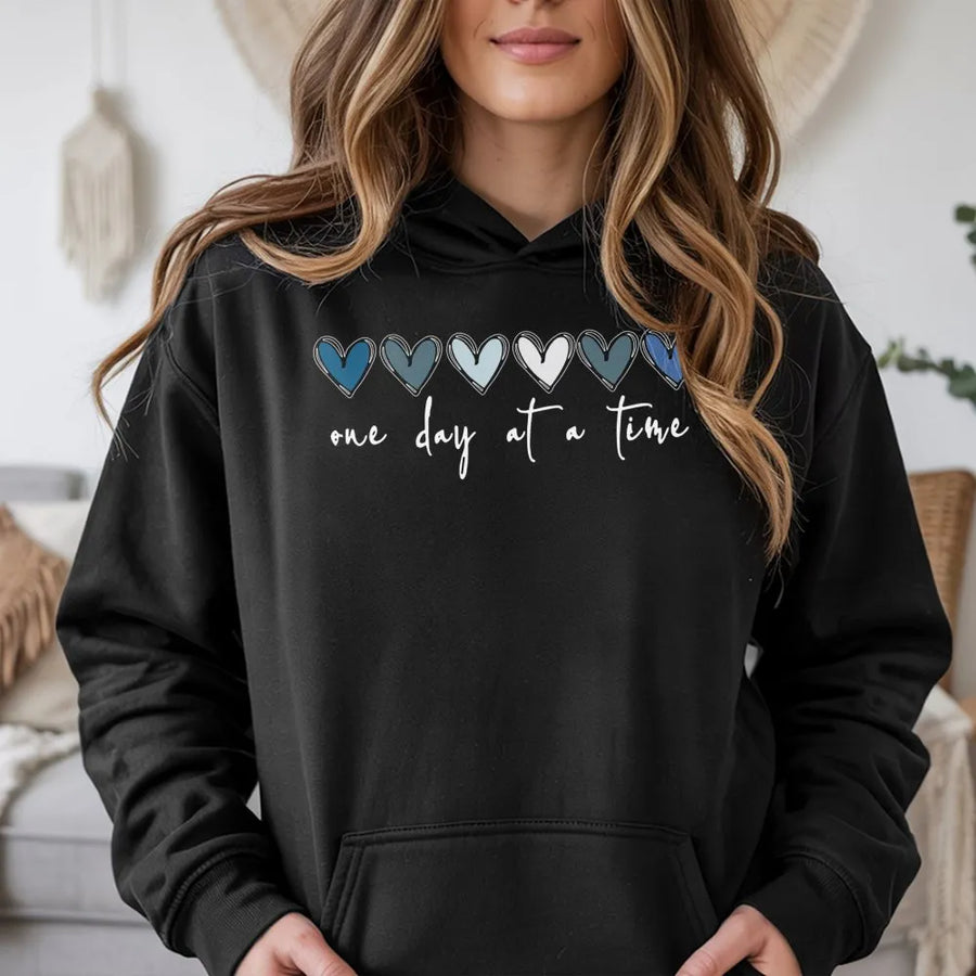 One Day At A Time Hoodie | Mental Health Awareness Heart Sweatshirt | Premium Cotton Blend Pullover | Inspirational Gift For Her And Him