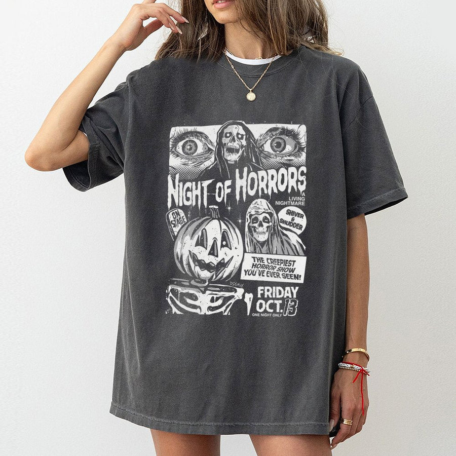 Night Of Horrors T-Shirt | Vintage Horror Movie Poster Graphic | 100% Premium Cotton | Spooky Halloween Gift for Horror Movie Fans